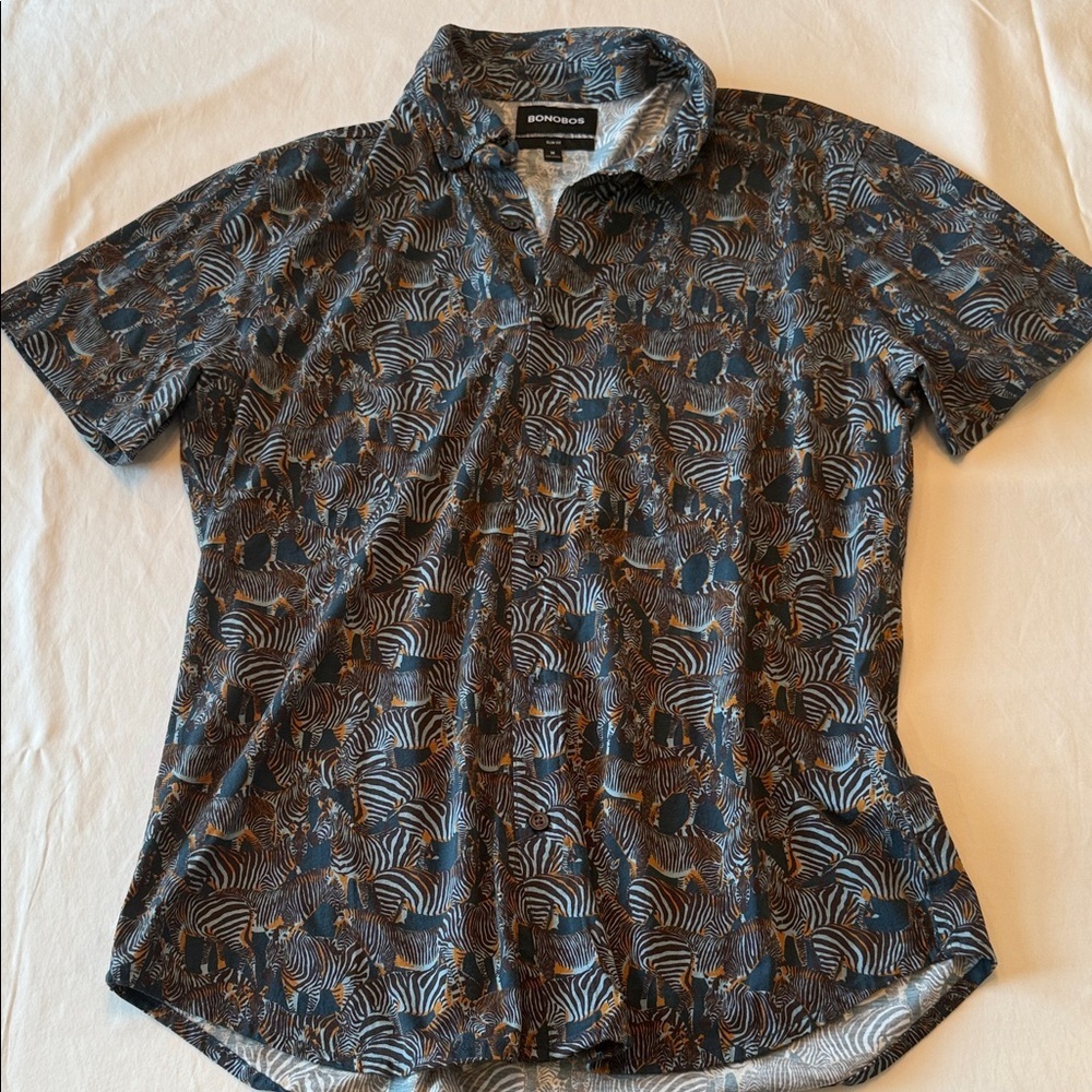 Bonobos Men's Casual Blue and Brown Patterned Shirt